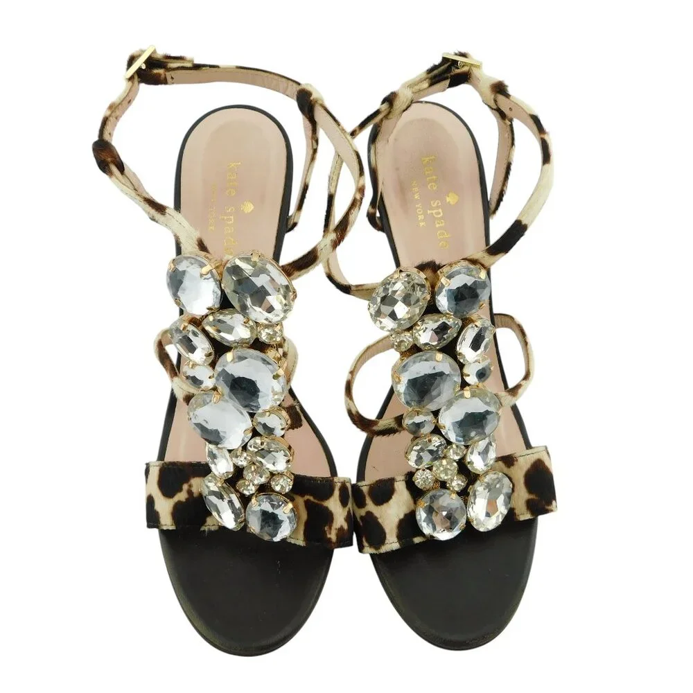 KATE SPADE Leopard Print Calf Hair Crystal Vamp Caged Sling Heel Sandals 8
